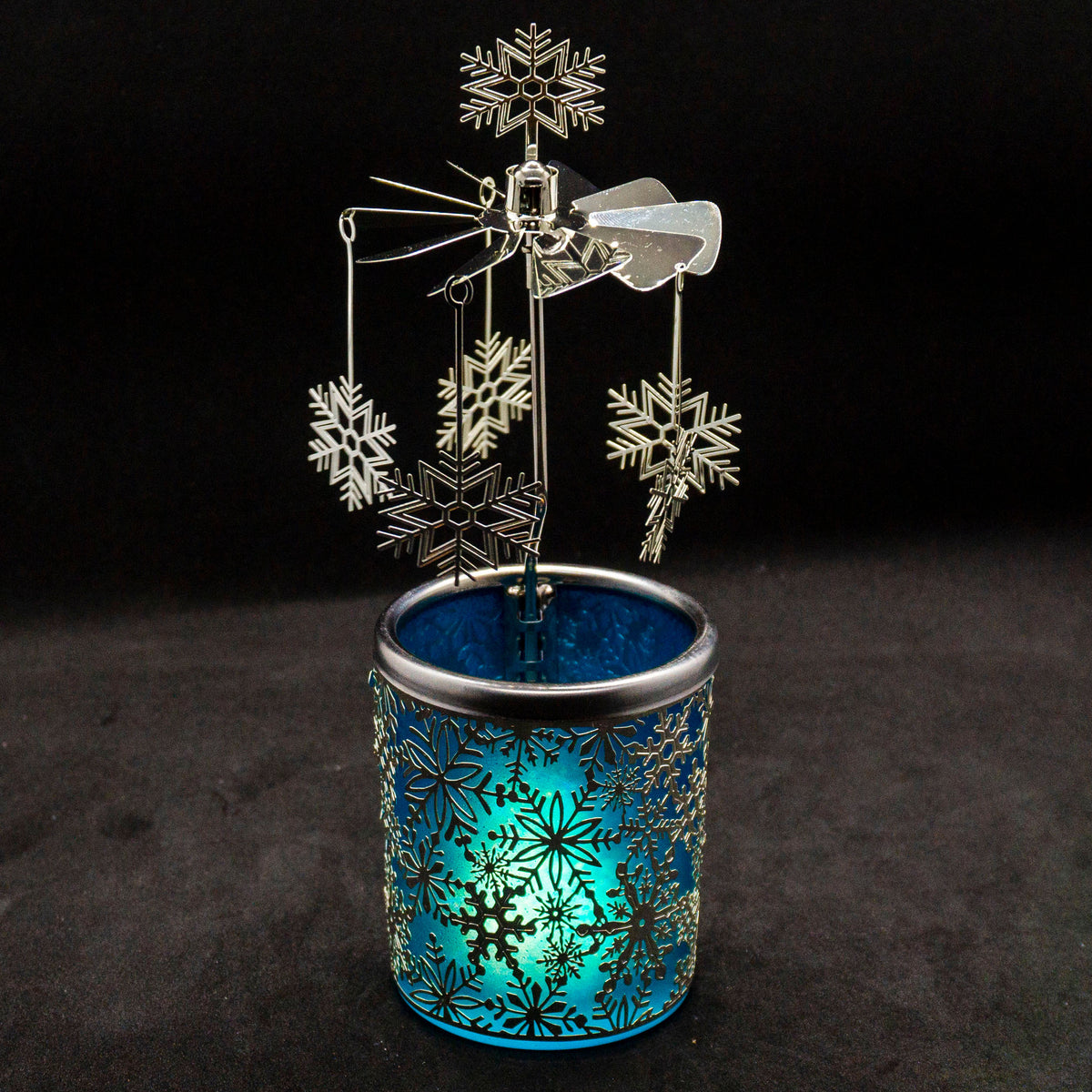 Teelichthalter Buntglas-Carosello blau/Schneeflocke, silber