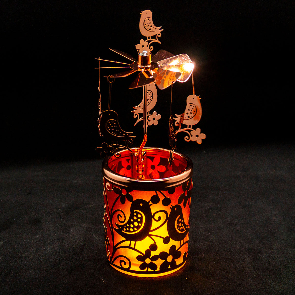 Teelichthalter Buntglas-Carosello Orange/Vögel, Kupfer – Casa-Millefiori