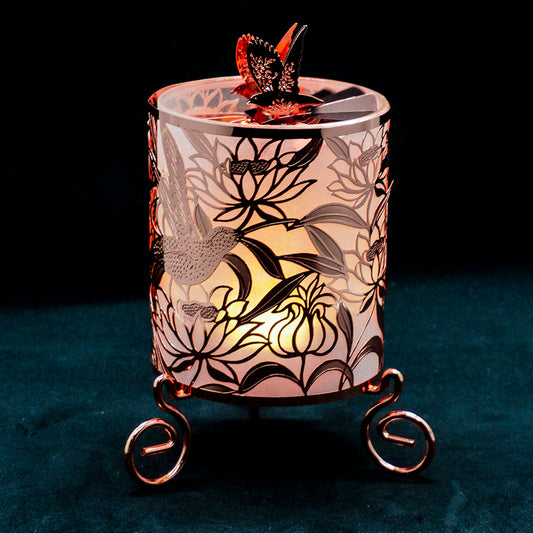 Propello candle rotating light with frosted glass insert, flowers with bird, copper